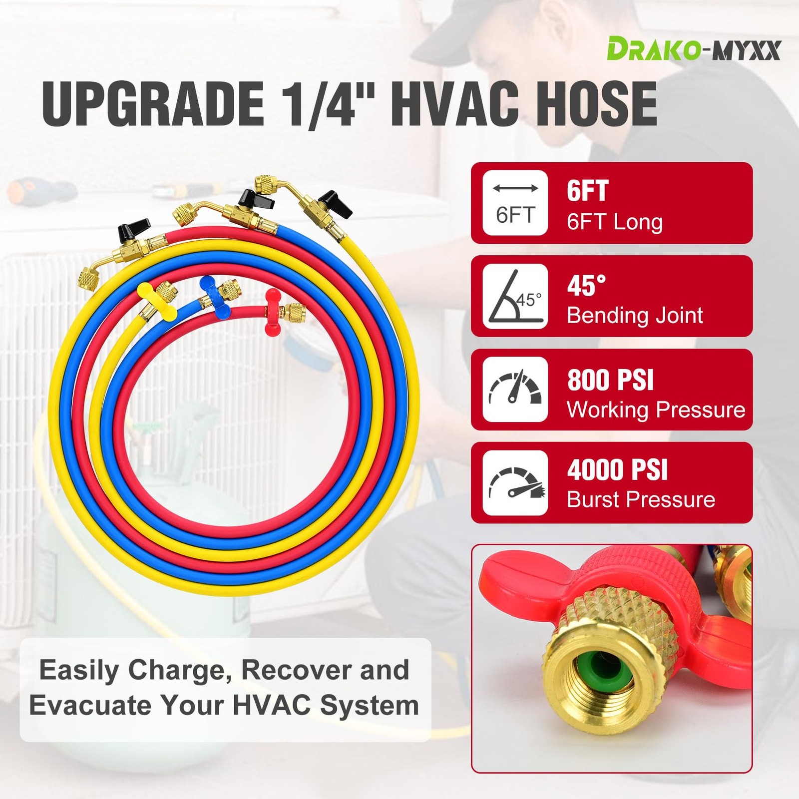 Upgrade N6HVAC Refrigerant Hoses, 1/4″ HVAC Hose 72 inches, Yellow/Red/Blue