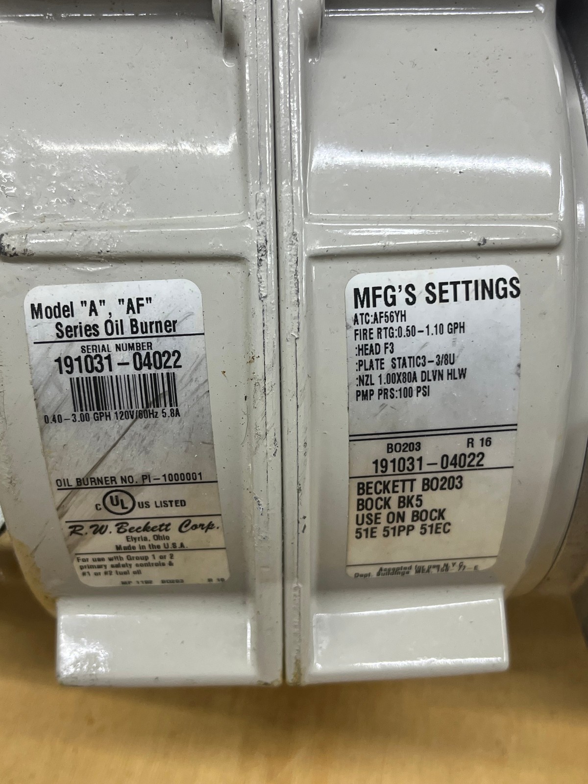 2019 Beckett AFG Oil Burner for Bock 51E Hot Water Heater Complete