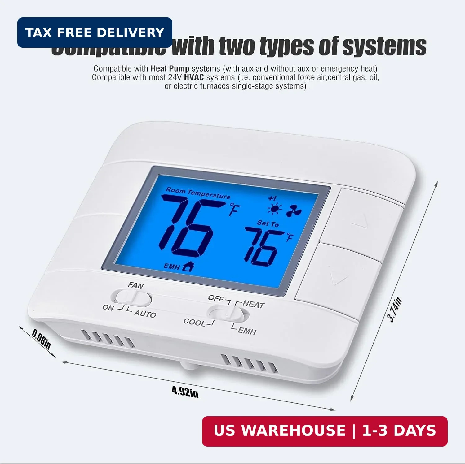 Thermostat Non Programmable Heat Pump Thermostat for House 2H/1C, with Large LCD