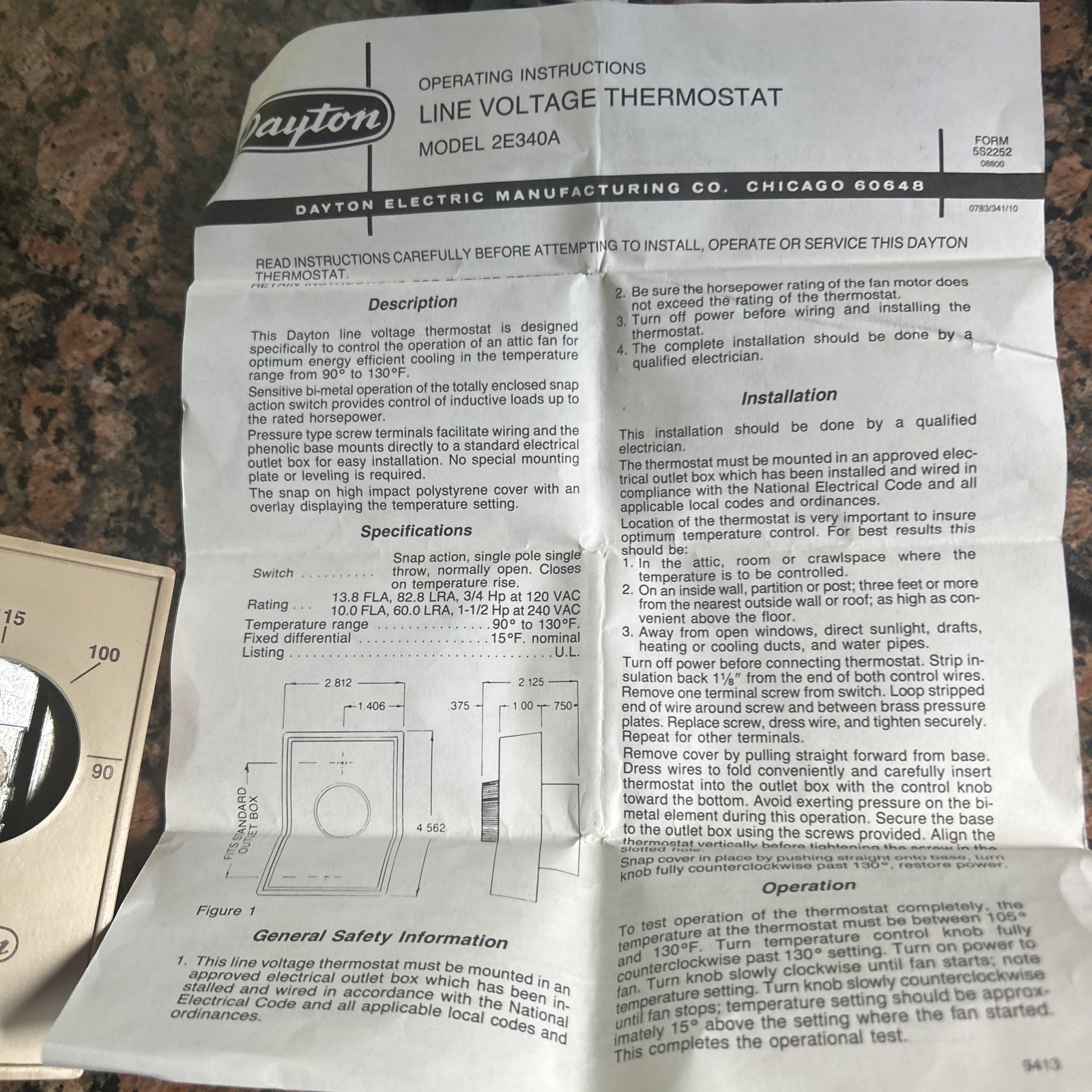 Vintage Dayton 2E340A Line-Voltage Thermostat