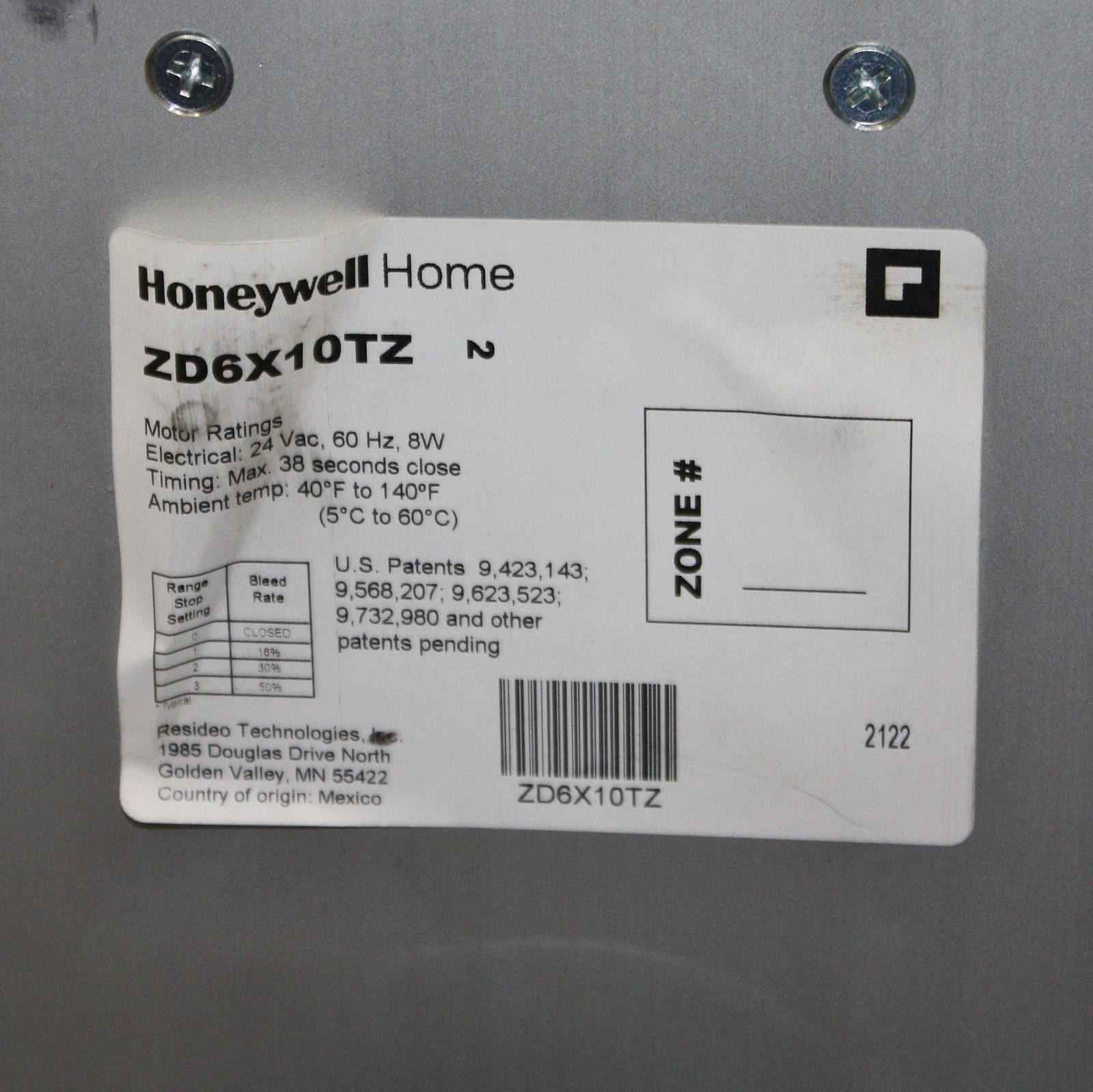 Honeywell TrueZone Parallel Blade Damper ZD6X10TZ, 6″ x 10″, 24V AC, Aluminum