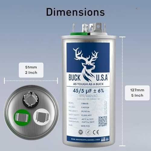 Dual Run Round Start Capacitor 45+5uF 370/440VAC for HVAC, AC, Heat Pump, Fan Mo