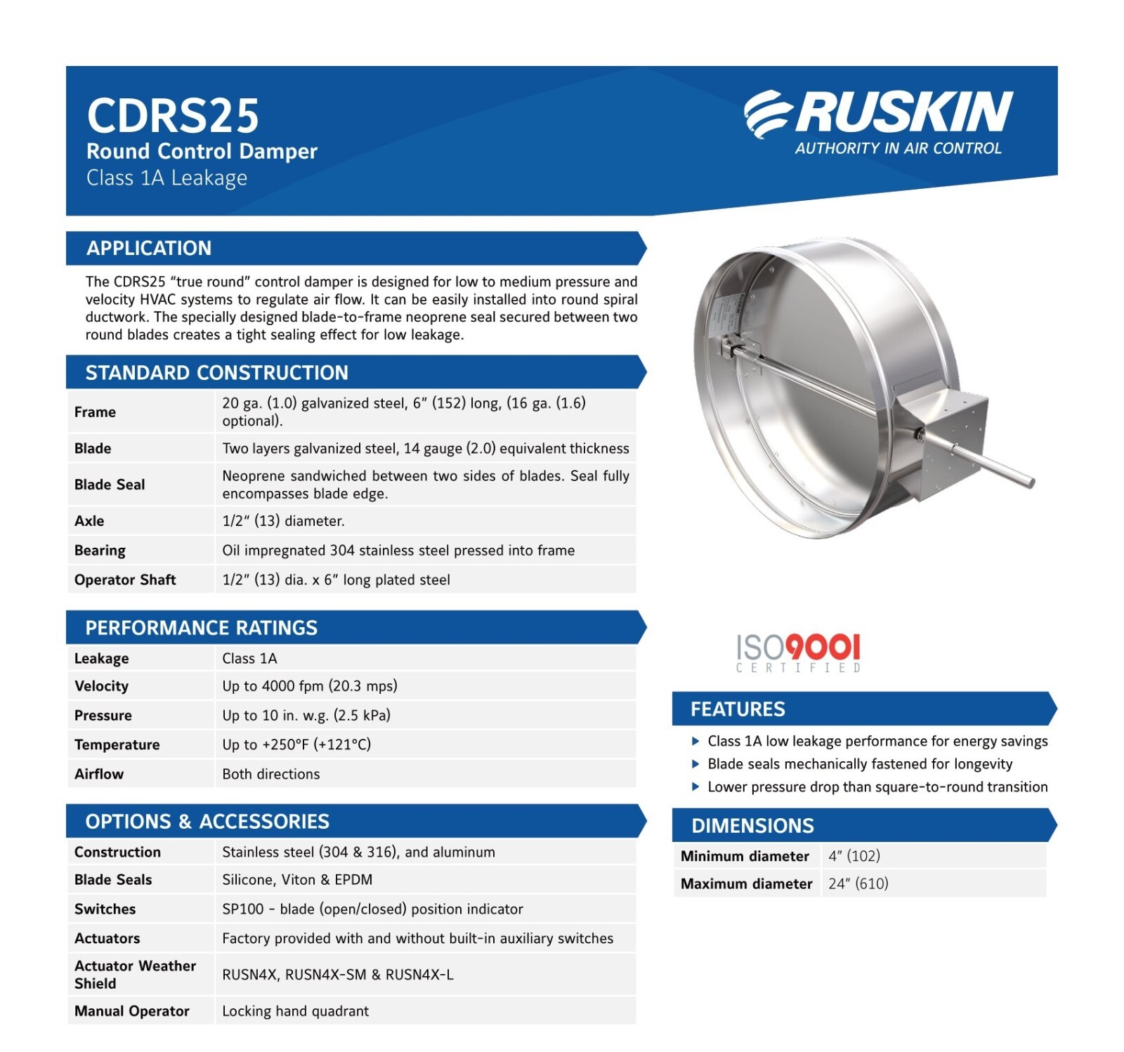 NEW Ruskin CDRS25 Galvanized Round Control Damper 4 5 6 7 8 10″ without Actuator