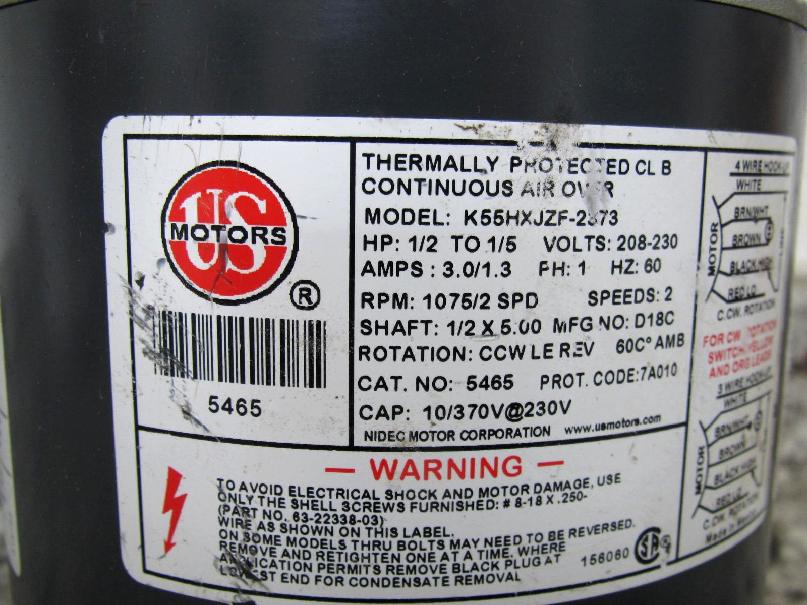 US Motors 5465 / K55HXJZF-2373 1/2-1/3-1/4-1/5HP 208-230V Condenser Fan Motor