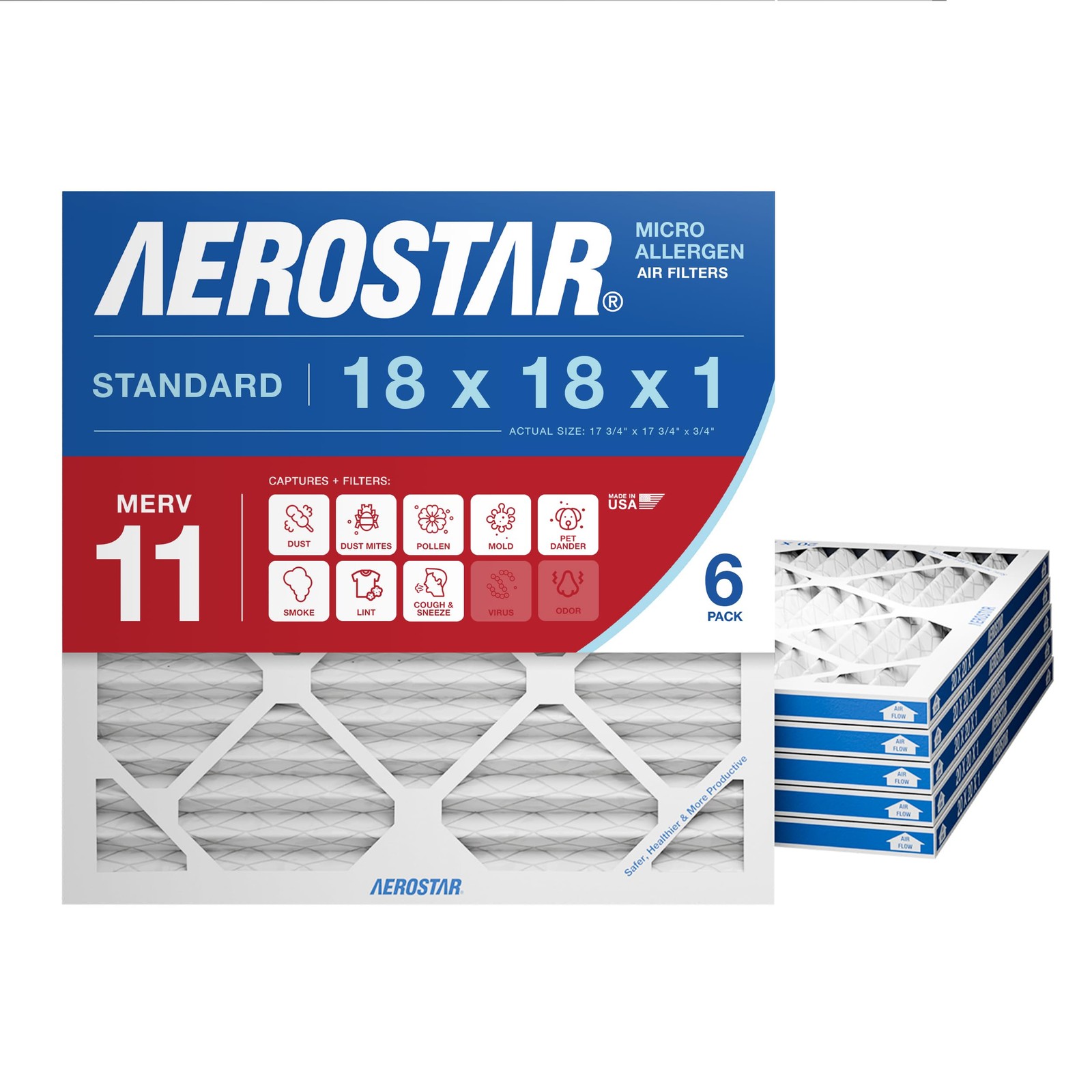 Aerostar 18x18x1 MERV 11 – 6 Count – Pleated HVAC, Furnace & 6 PACK, 11