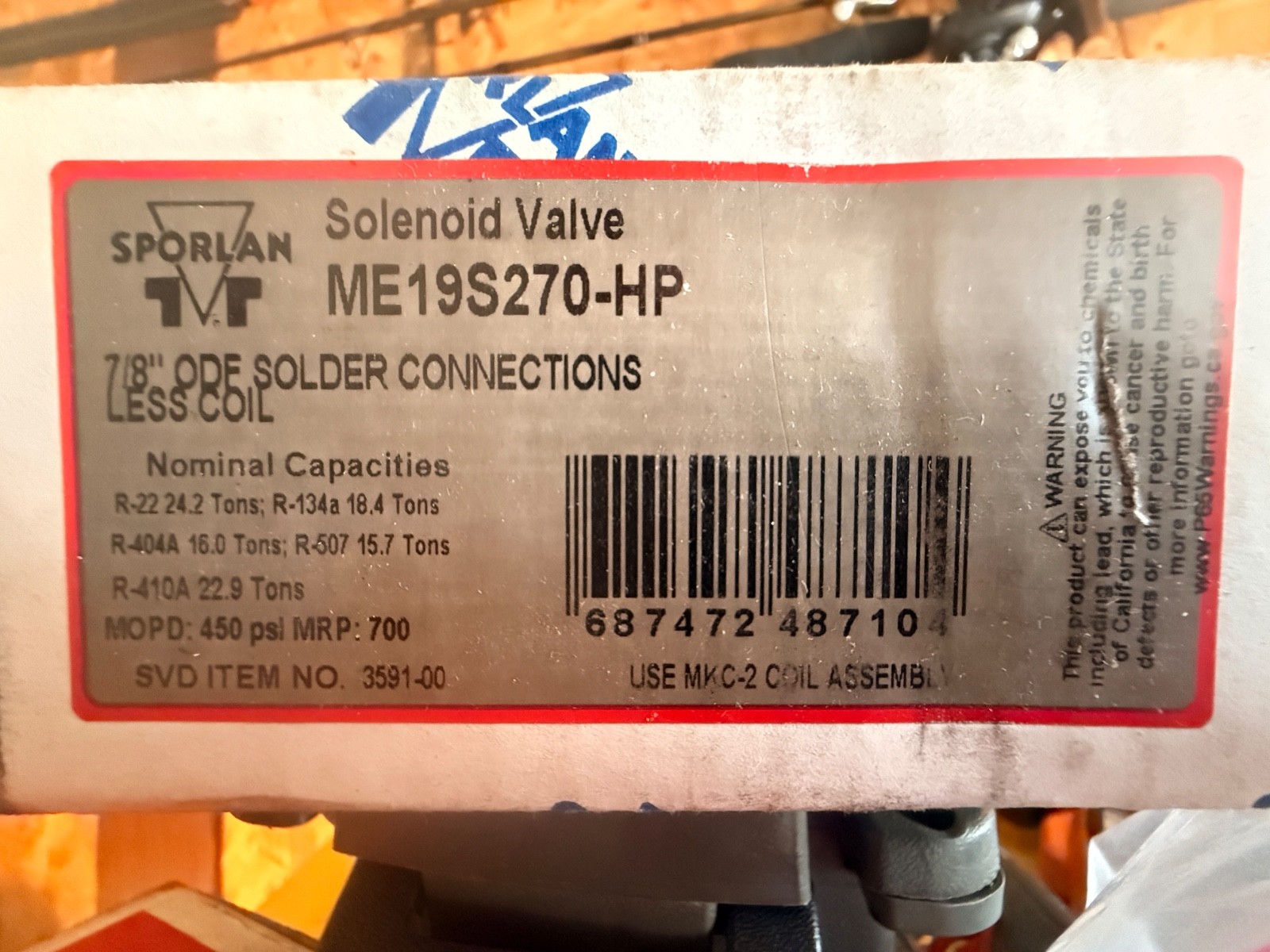 Solenoid Valve Me19S270-HP 7/8 ODF Manual Lift Stem / Less Coil