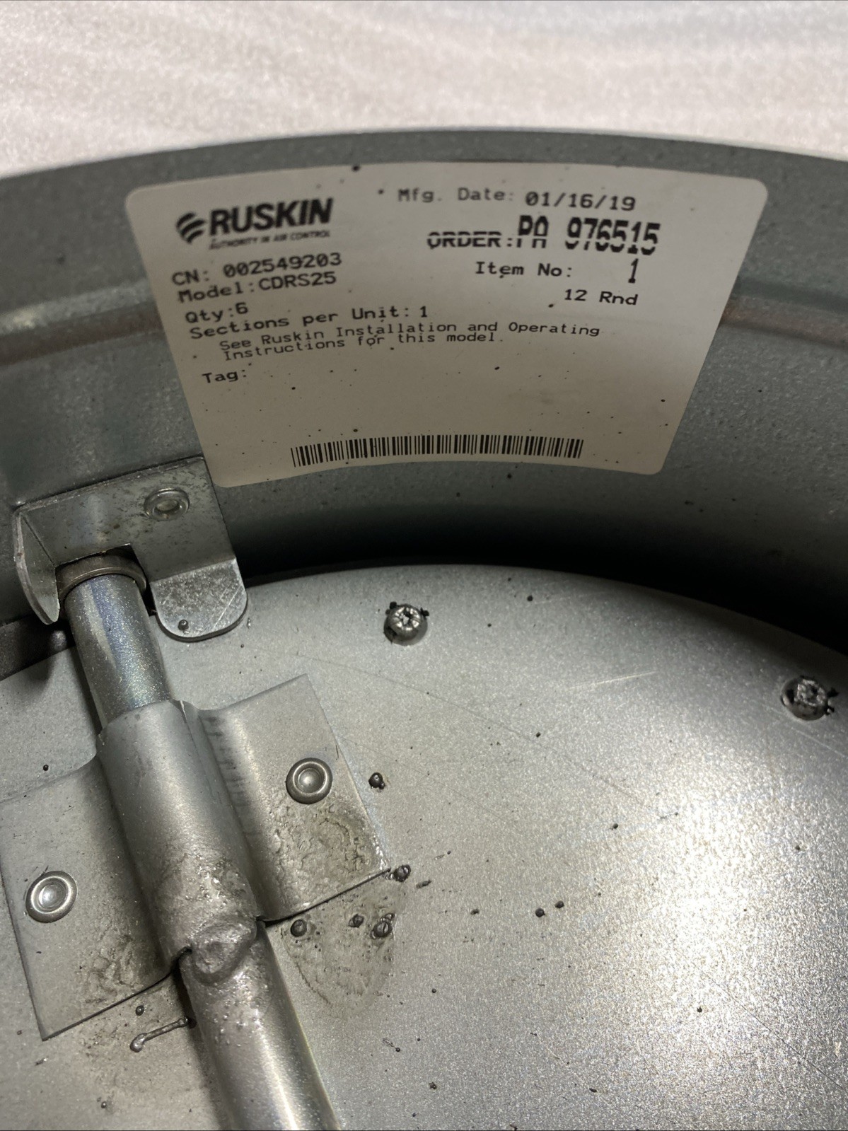 Ruskin CDRS25 Galvanized Round Control Damper 12” without Actuator – NEW