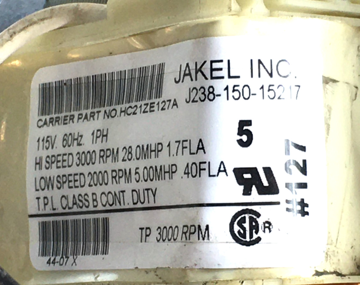 JAKEL J238-150-15217 Draft Inducer Blower Motor HC21ZE127A 115V used ref #RMN308
