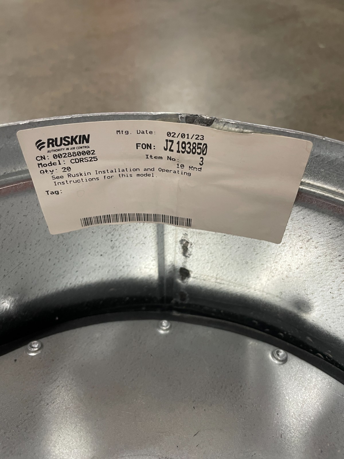 Ruskin CDRS25 Galvanized Round Control Damper 10” with stand off & quadrant