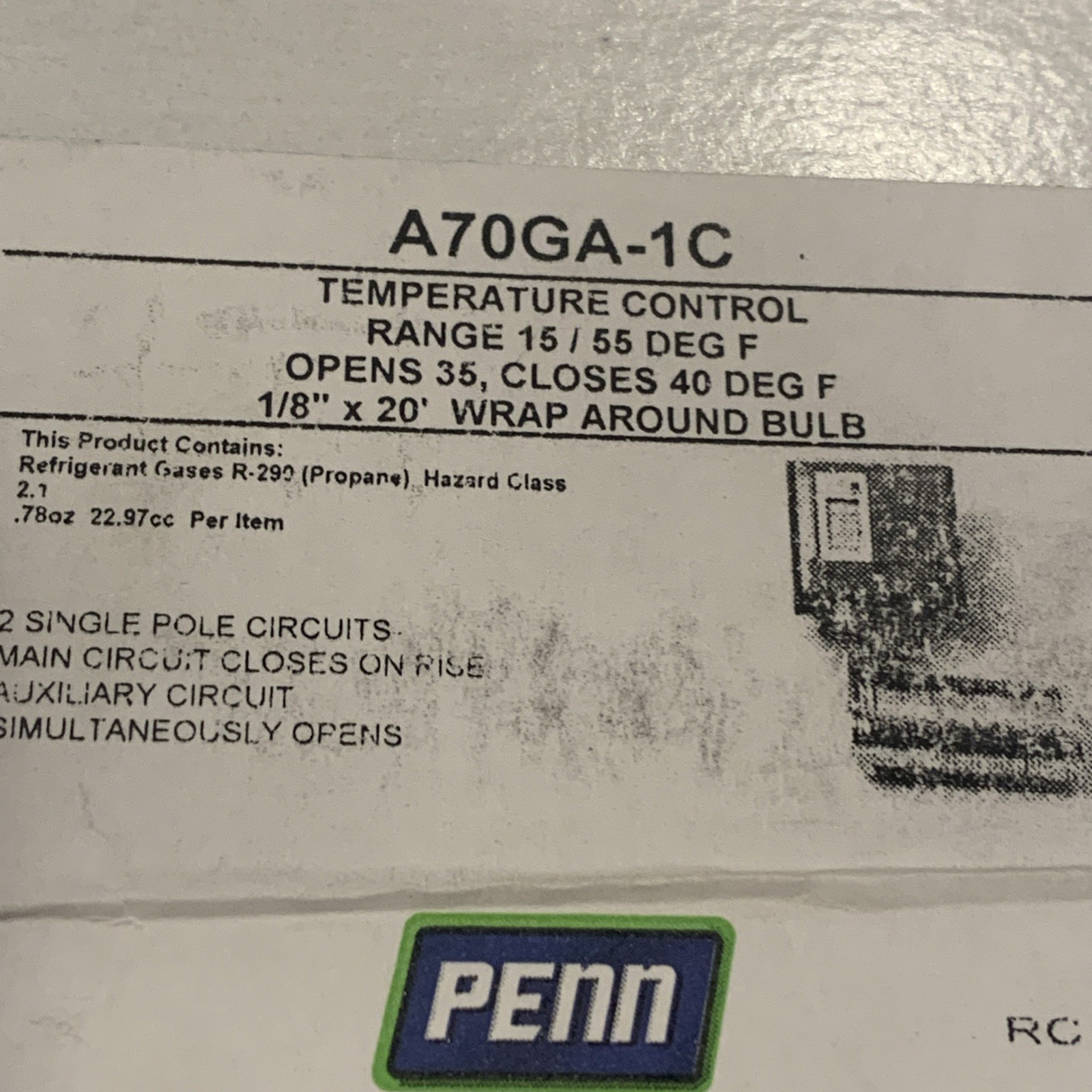 PENN A70GA-1C Temperature Control 120-240V 15-55 Opens 35 Close 40F 1/8” X 20’