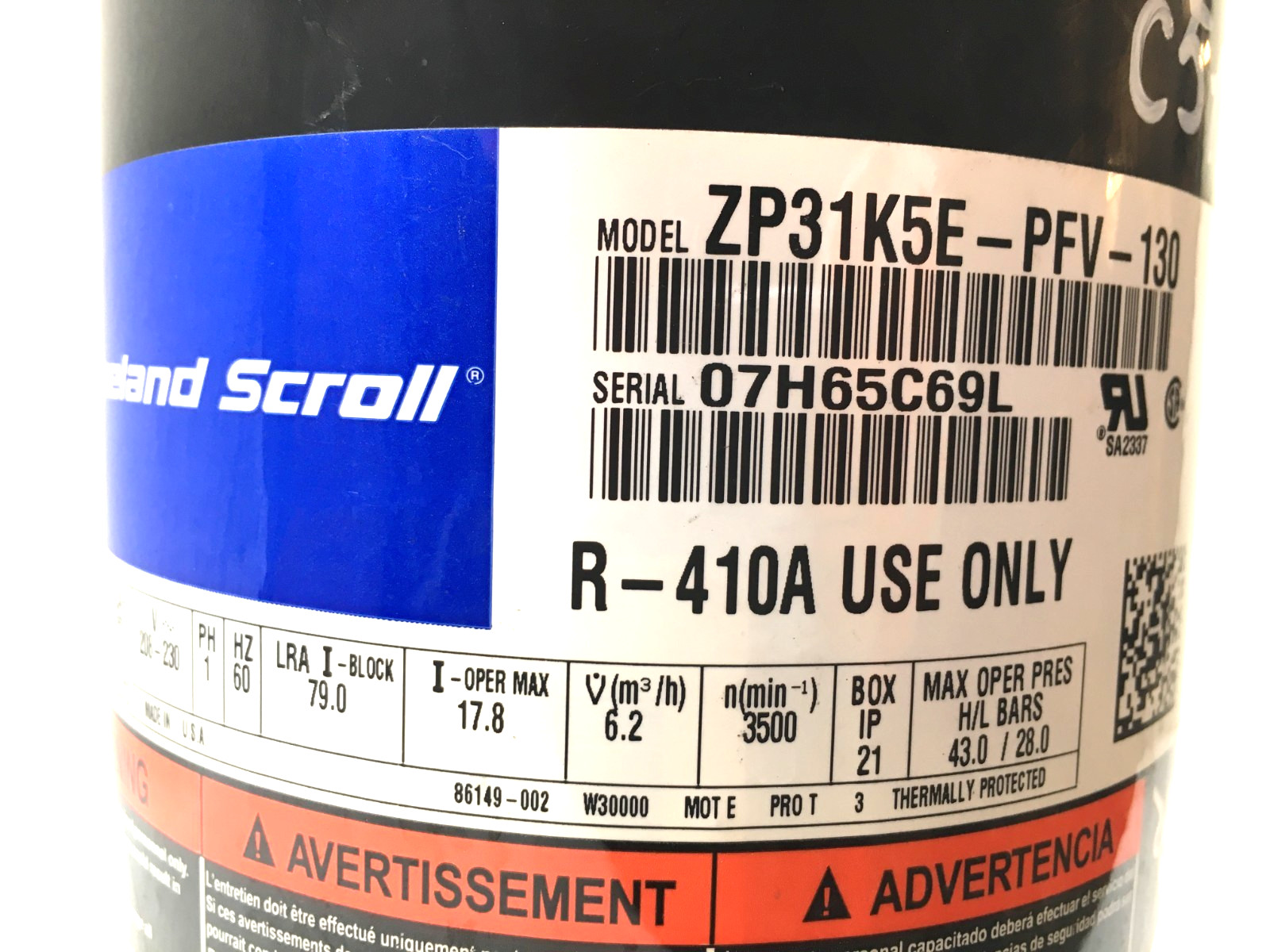 Copeland 2.5 Ton Scroll Compressor ZP31K5E-PFV-130 R410A 208/230V 1 PH used C519