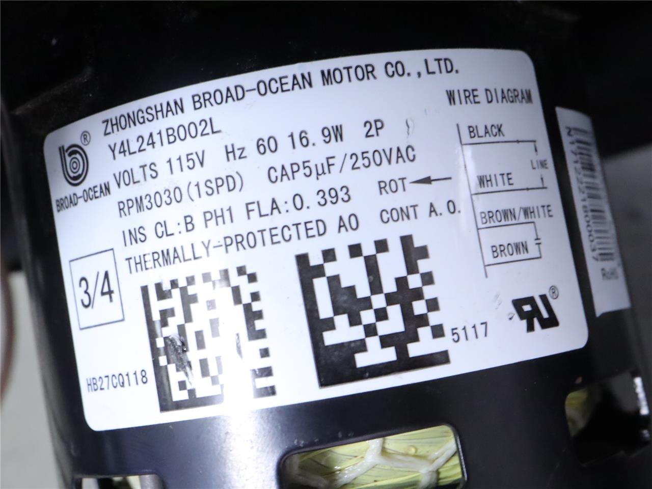 BROAD OCEAN HB27CQ118 Draft Inducer Blower Motor Y4L241B002L 1SPD 115V 3030RPM