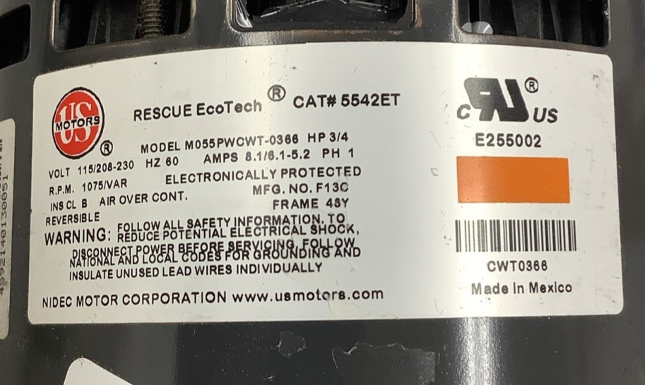 U.S. Motors 5542ET M055PWCWT-0366 Blower Motor 3/4HP 1075RPM (R108)
