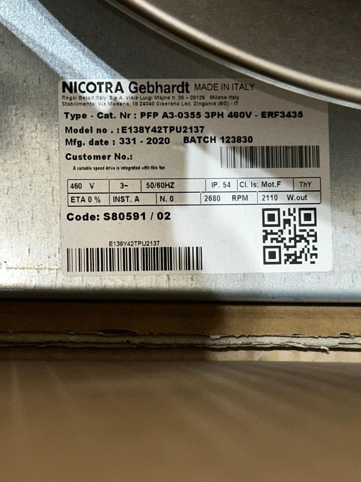 NICOTRA GEBHARDT PFP PLENUM FAN 355MM, 460V, ECM BLOWER ASSY 355 E138Y42TPU2137