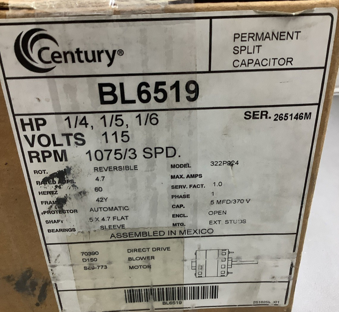 Century BL6519 1/4, 1/5, 1/6HP 1075RPM 3-Speed 115V AC Blower Motor (R106)