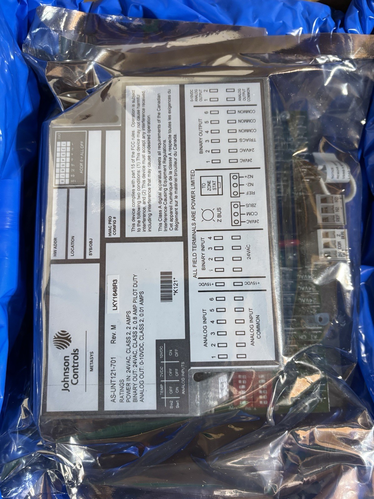 Johnson Controls AS-UNT121-701 Metasys Unitary Controller UNT121-1 N2 Bus 24V HV