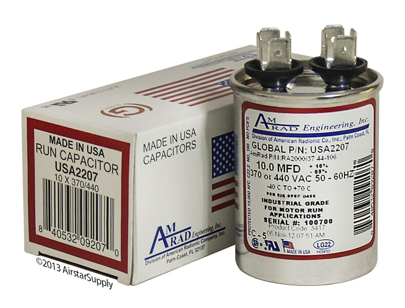 10 uf MFD 370 / 440 Volt AmRad USA2207 Round Run Capacitor Made in USA