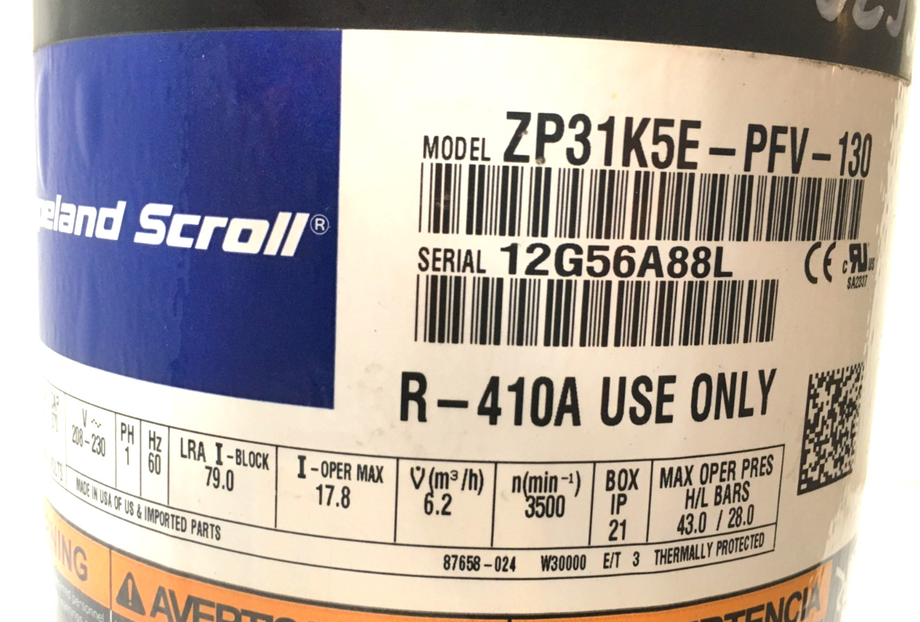 Copeland 2.5 Ton Scroll Compressor ZP31K5E-PFV-130 R410A 230V 1 PH used #C299