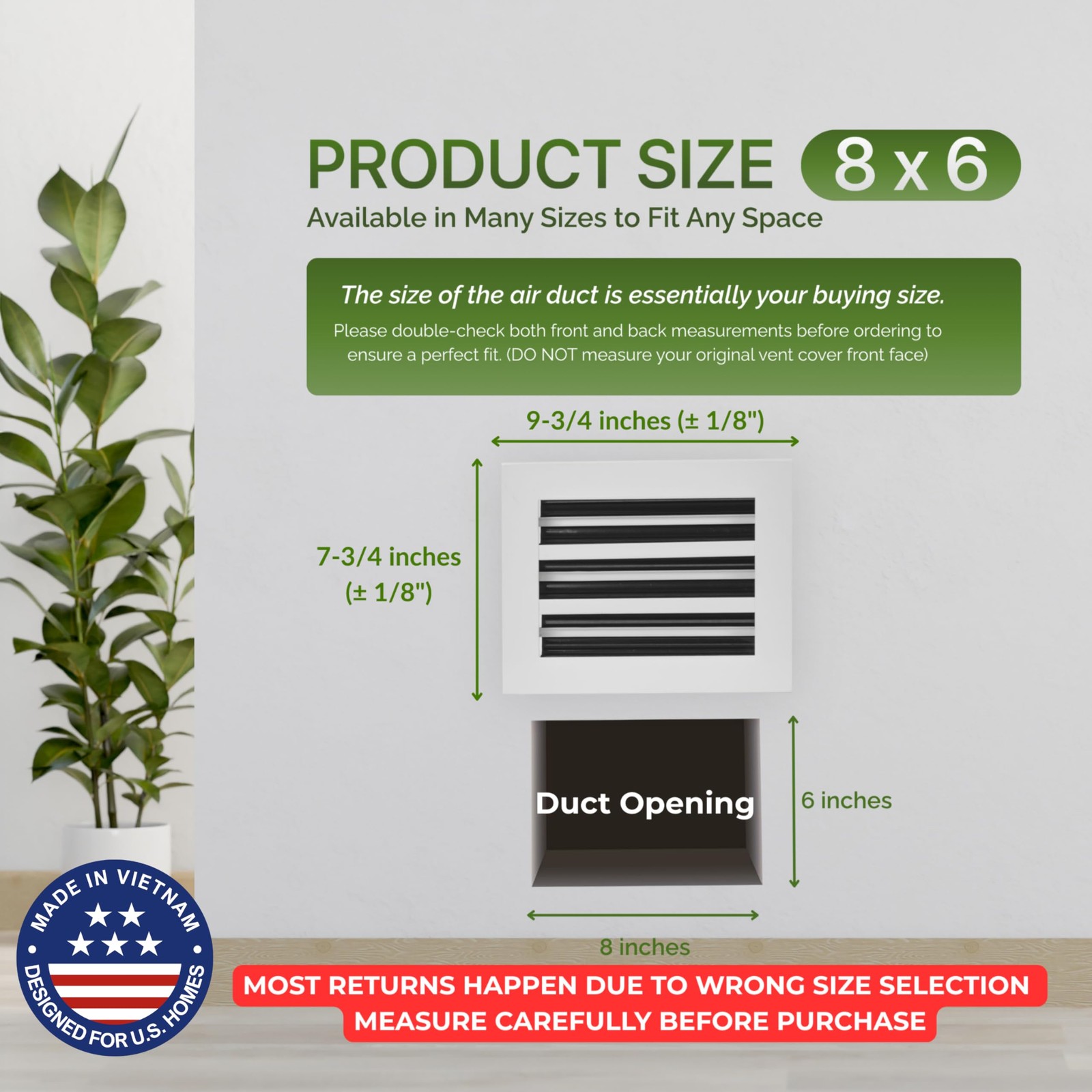 GREEN VENT Modern Air Vent Cover 8×6 (Duct Opening) – Decorative White Aluminum