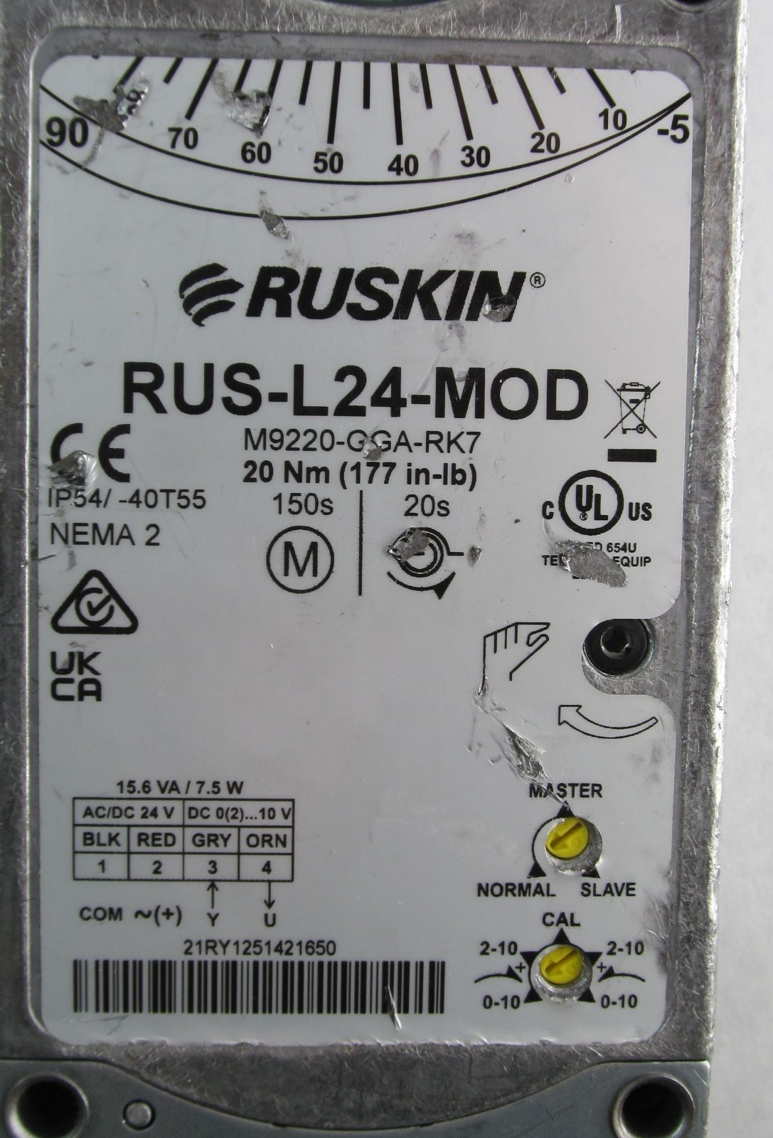 RUSKIN RUS-L24-MOD SPRING RETURN HVAC DAMPER ACTUATOR 175 LB-IN TORQUE AT 24V