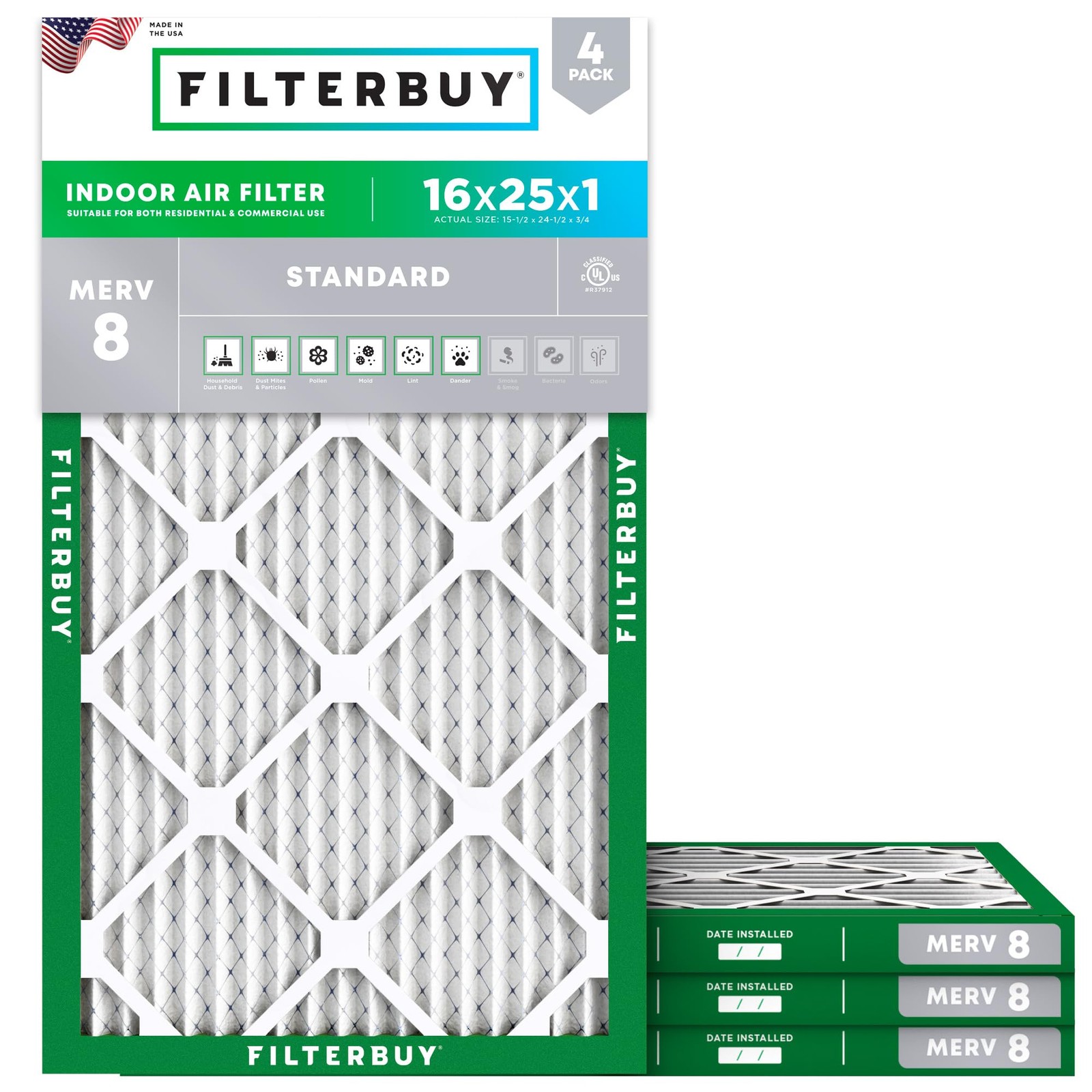 Filterbuy 16X25X1 Air Filter Merv 8 Essential Defense 4-Pack Electrostatic