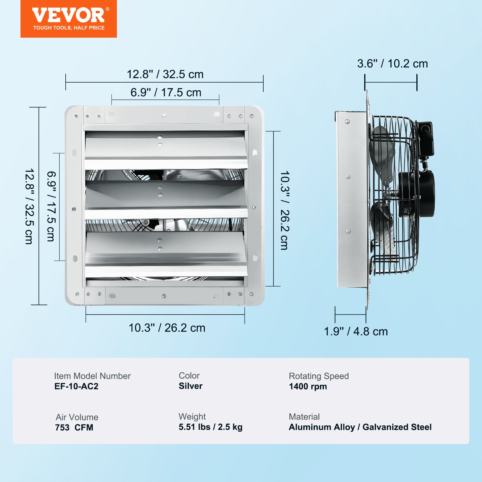 VEVOR Shutter Exhaust Fan Shop Exhaust Fan 10” Wall Mounted Aluminum 820 CFM