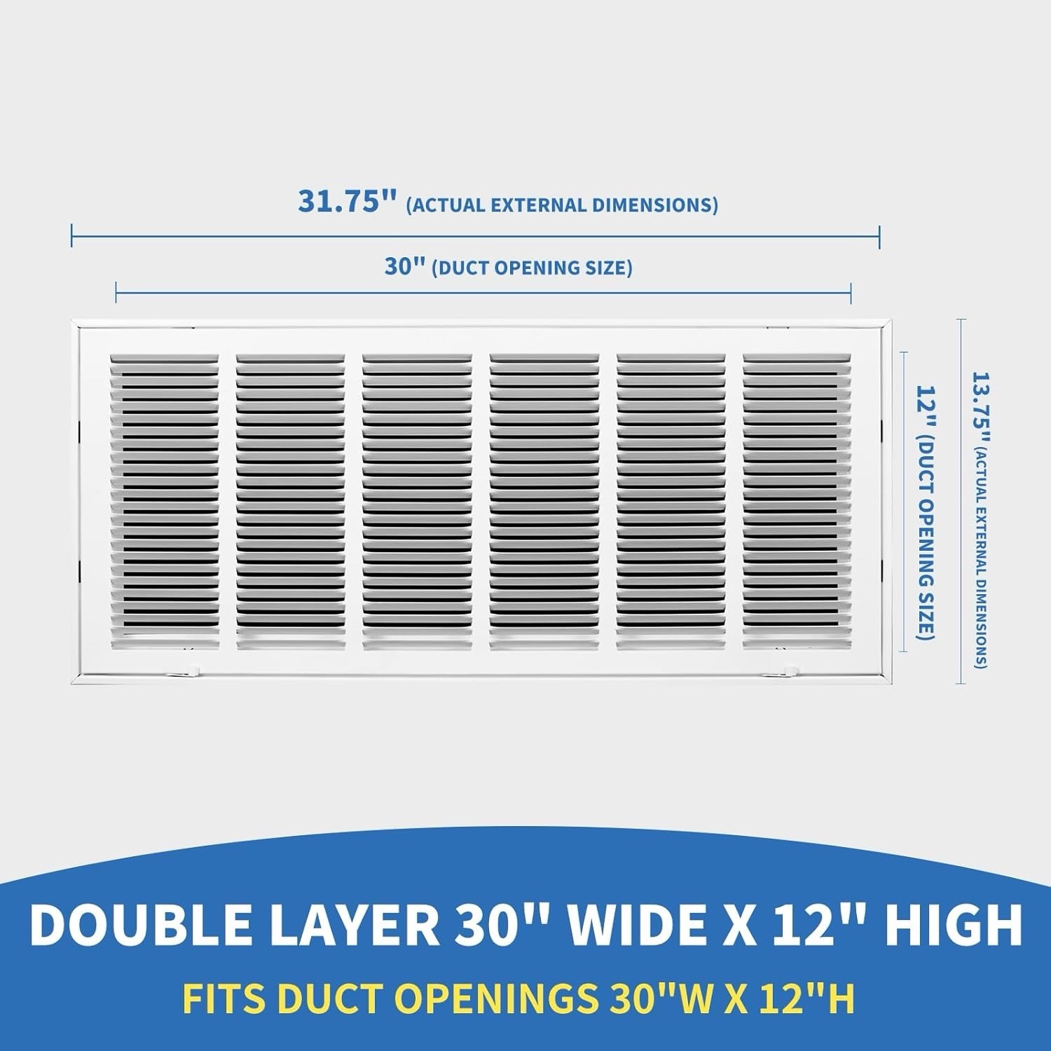 30×12 Return Air Grille Steel Vent Cover White Wall Ceiling Removable 1” Filter