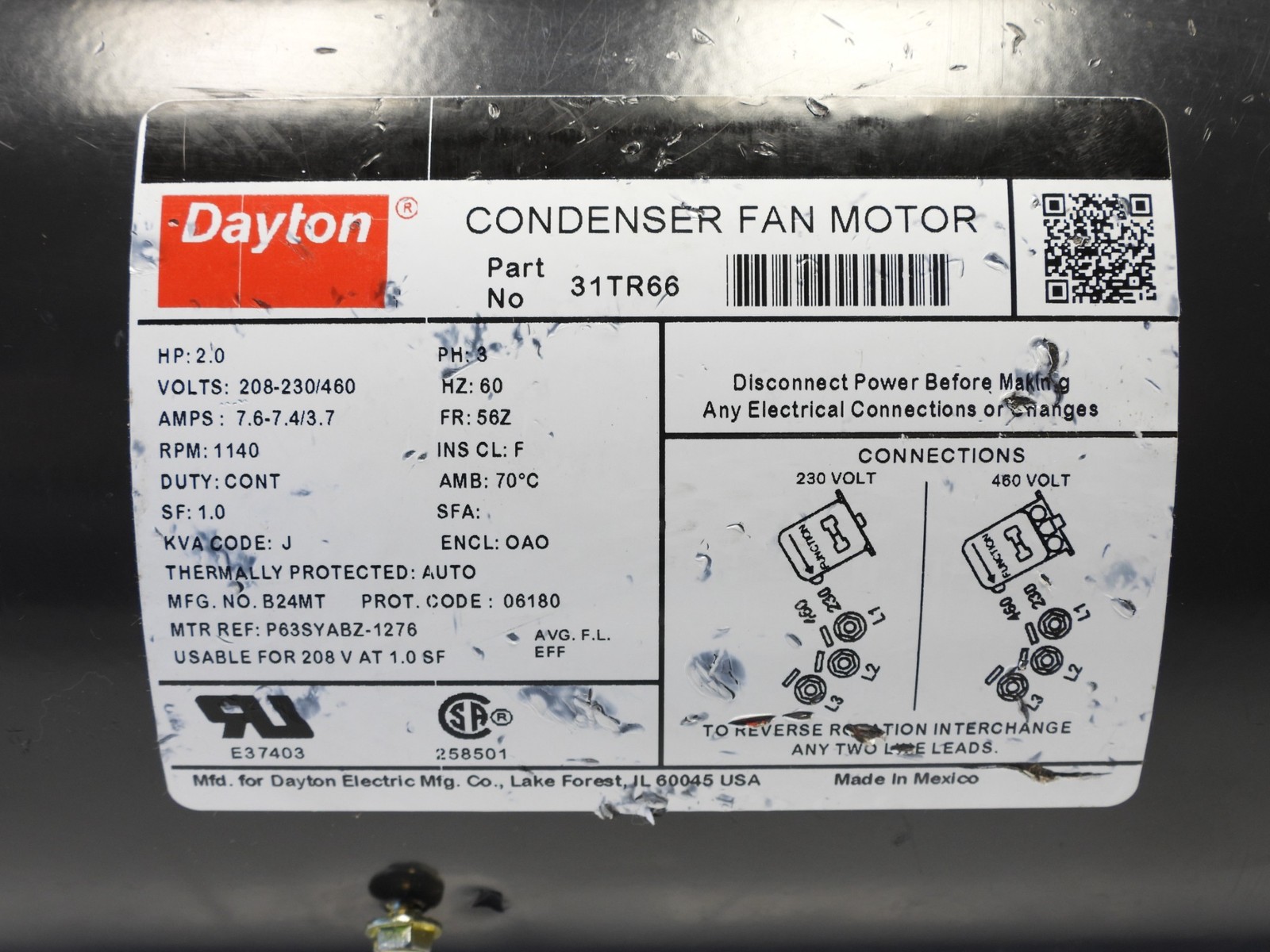 Dayton 31TR66 2 HP Condenser Fan Motor, 208 – 230/460 Volts, 1140 RPM, 3 Phase