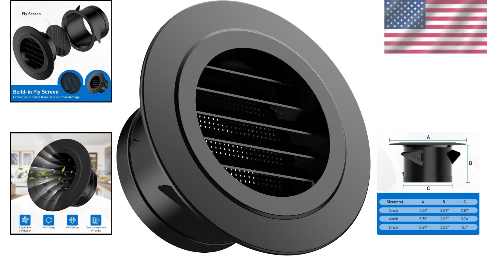 4-Inch Round Soffit Vent with Built-in Fly Screen – Black Air Vent Cover