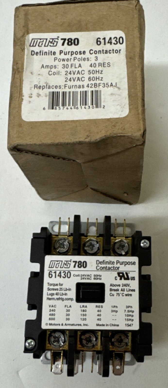 MARS 780 61430 Definite Purpose Contactor 24VAC
