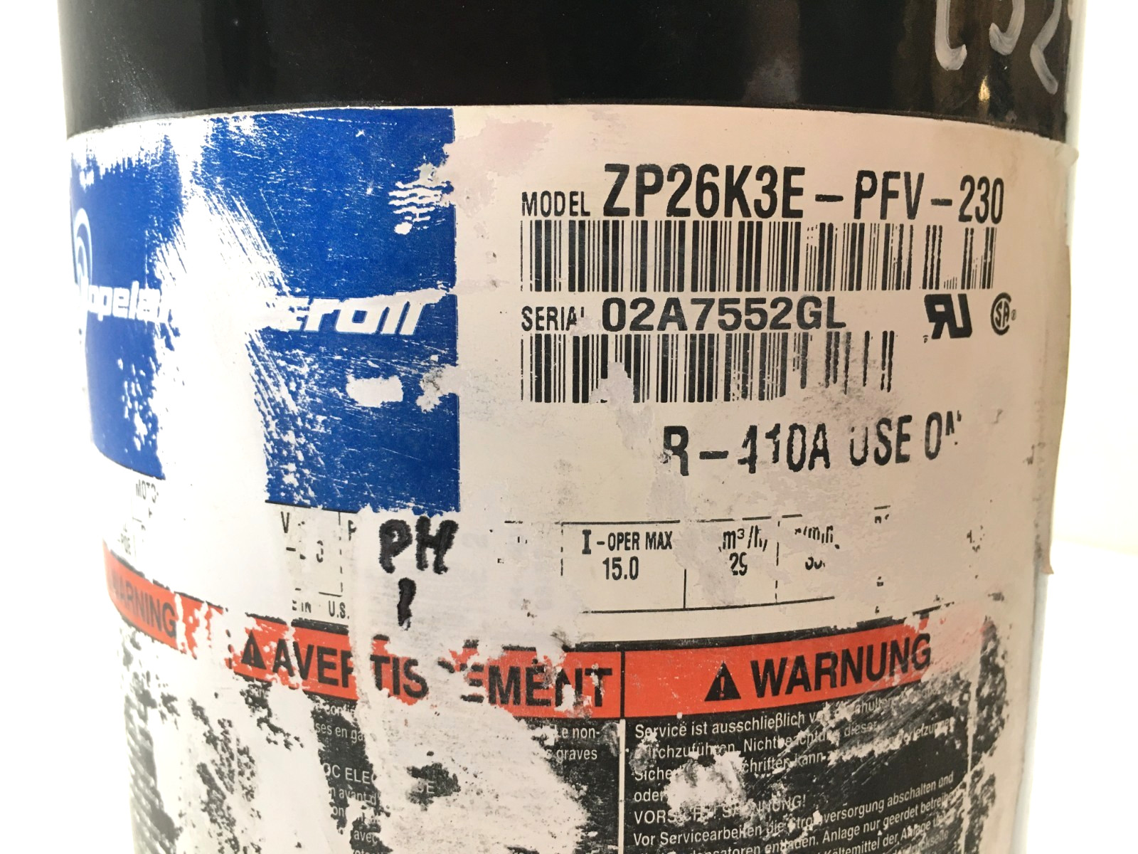 Copeland 2.5 Ton Scroll Compressor ZP26K3E-PFV-230 208/230V 1 PH used C521