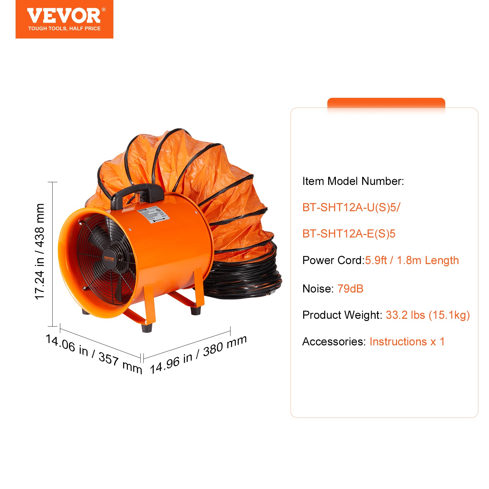 VEVOR 12″ Portable Extractor Fan Blower 16.4ft Duct Hose Ventilator Industrial