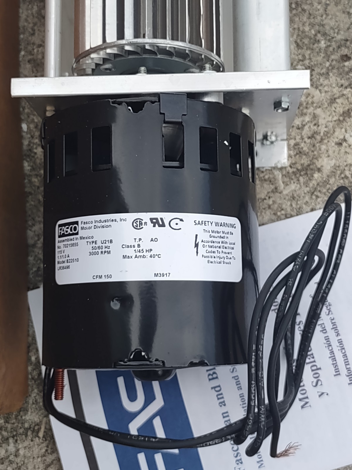 Fasco B22510 Centrifugal Blower Motor Assembly 115V 150 CFM 1-Phase 1.1A