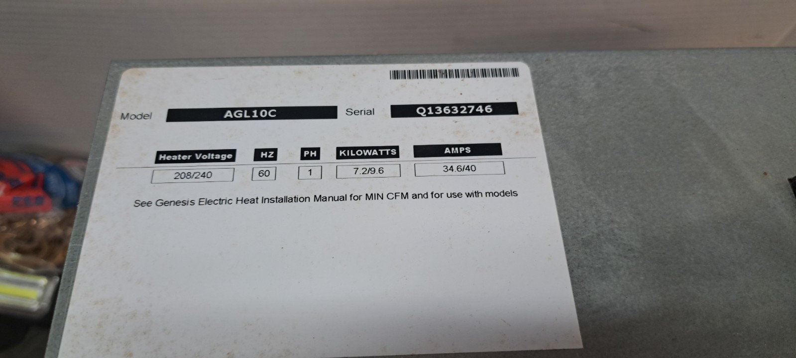 Climatemaster AG Auxiliary Electric Heater Coil 7.2/9.6KW 1P 208/240V AGL10c