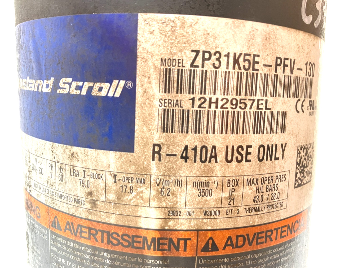 Copeland 2.5 Ton Scroll Compressor ZP31K5E-PFV-130 R410A 208/230V 1 PH used C378
