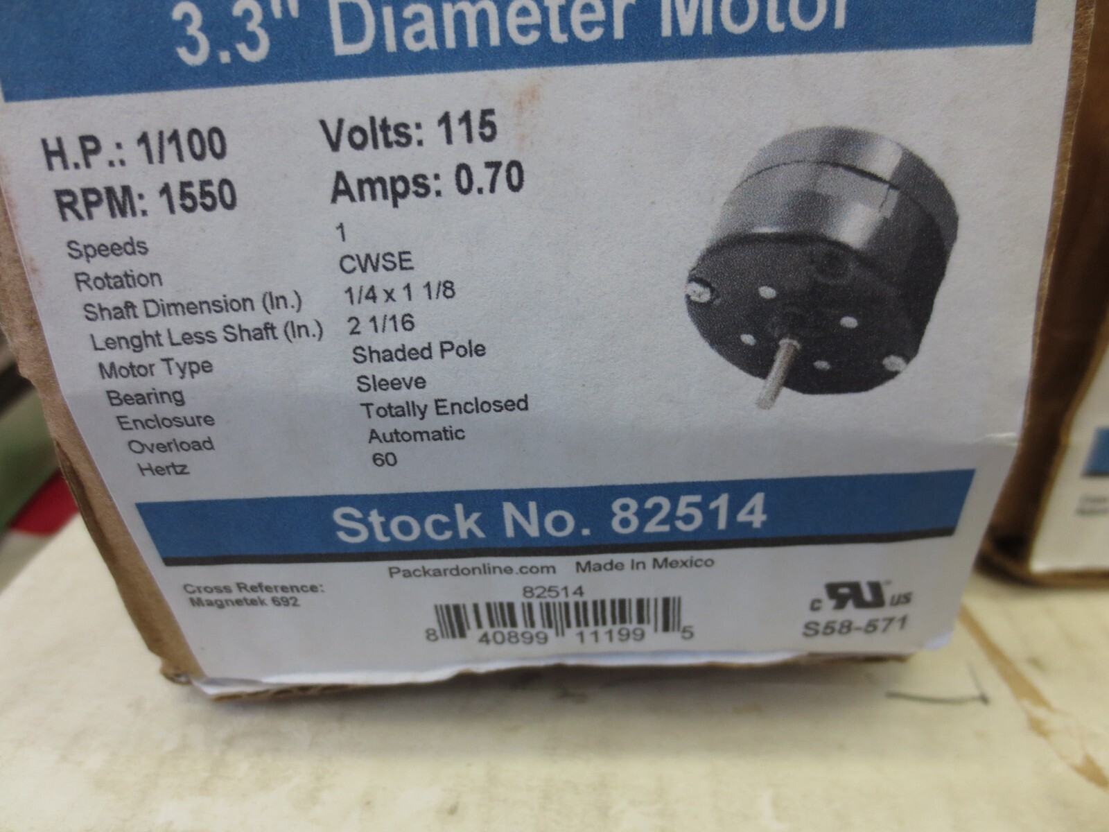 PACKARD 82514 MOTOR 115V 0.70 AMPS CWSE ROTATION 1550 RPM