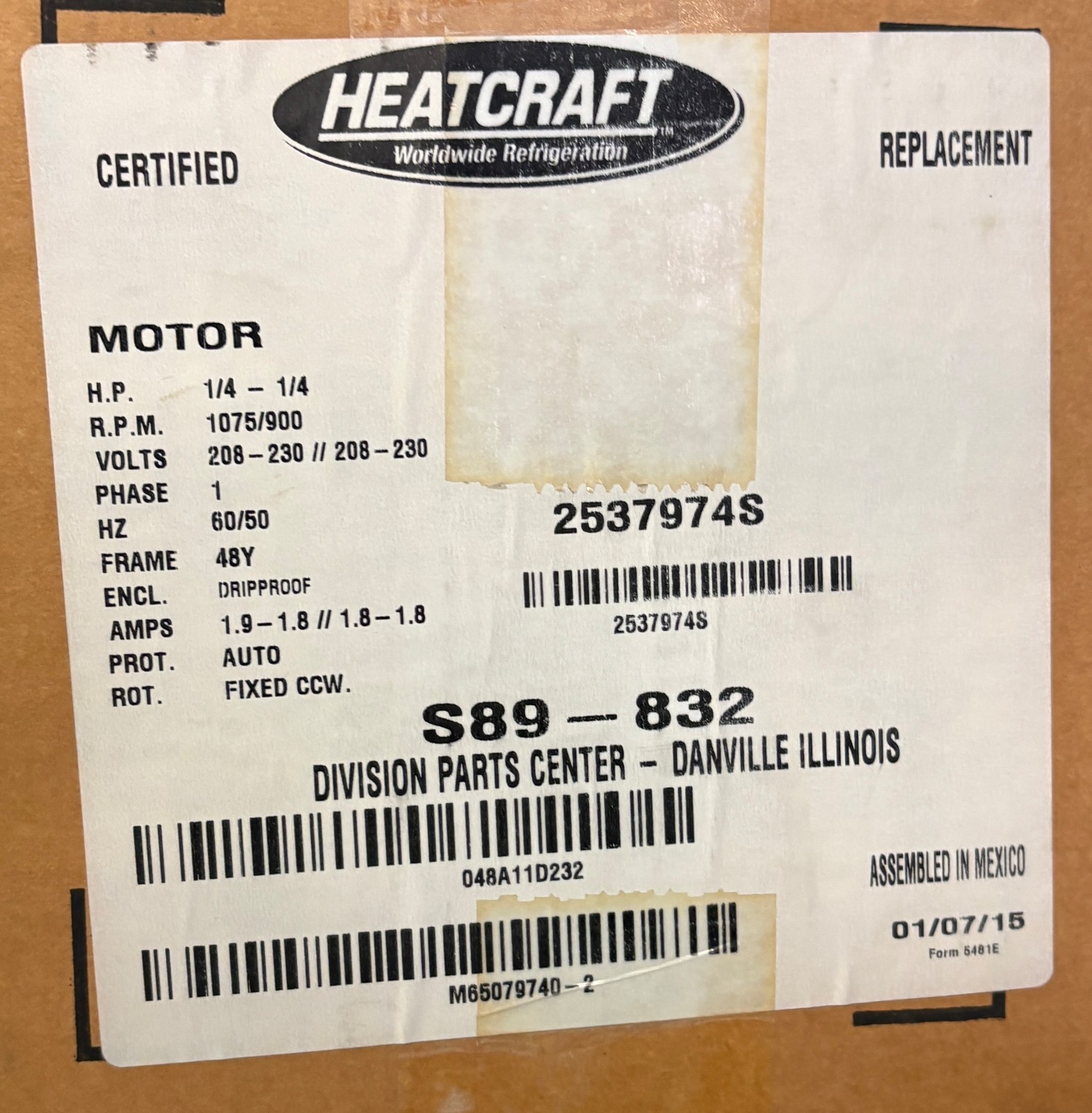 OEM Marathon Heatcraft WK48A11D232L 1/4 HP 208-230V 1 PH 1075 RPM 48Y NEW