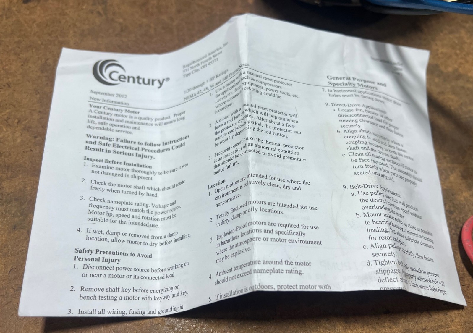 CENTURY 595A HVAC MOTOR, 277V AC, 1-PHASE, 3 SPEED, 1,075 RPM, 833KX4, NEW!