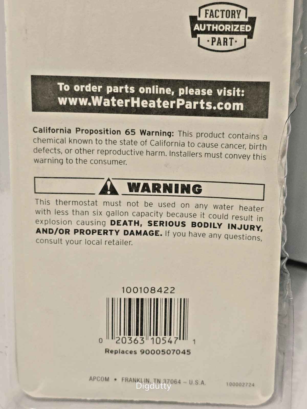 WH9 Black Lower Electric Water Heater Thermostat 208-480V, 100108422 – NEW