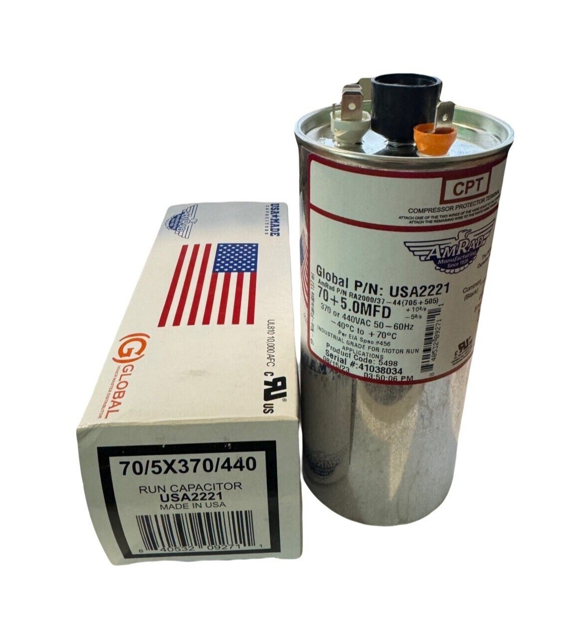 70 + 5 MFD AmRad Run Capacitor – Latest Model 370/440VAC – Genuine USA Made