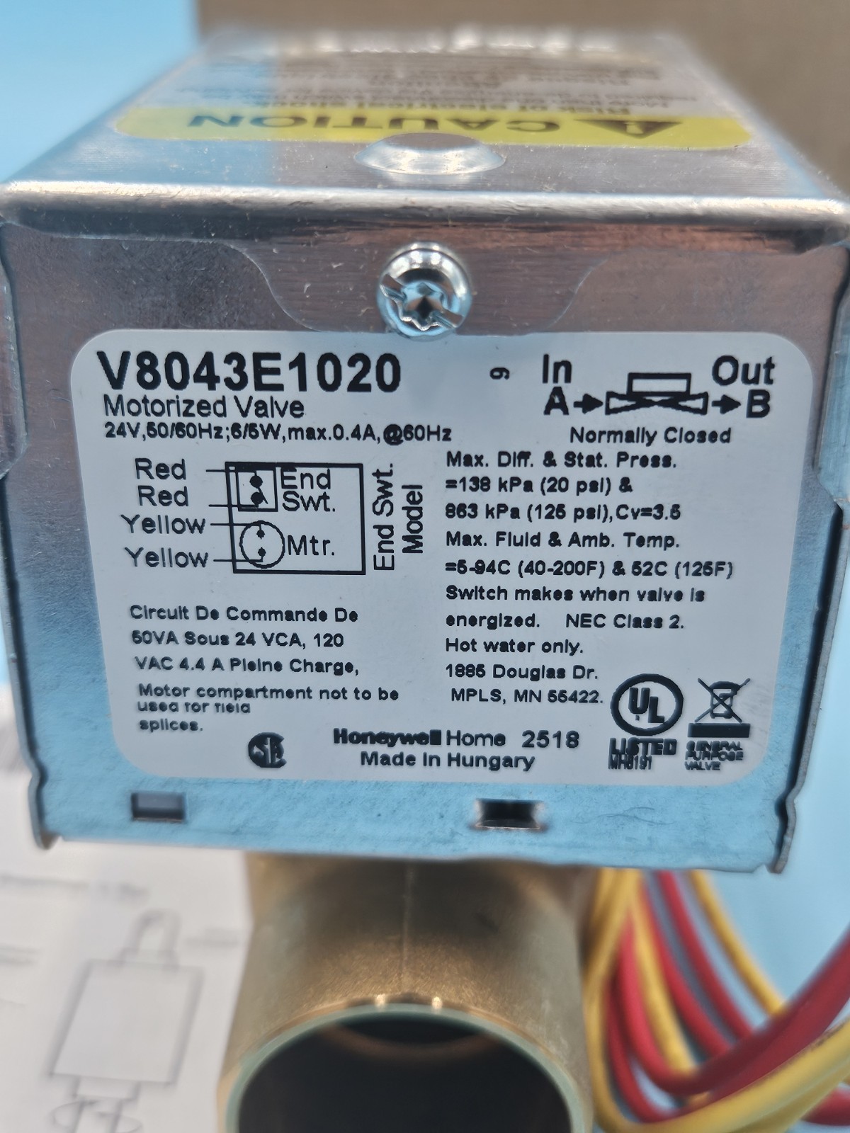 Honeywell V8043E1020 Zone Valve 1″ Sweat 24V 50/60Hz