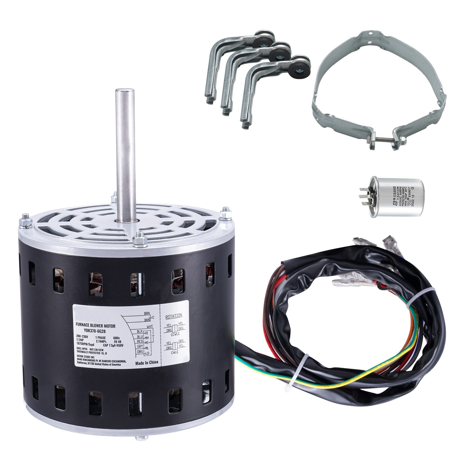 1/2HP Furnace Blower Motor 208-230V 2.7A 1075RPM 5 Speeds 48 Frame 1 Phase