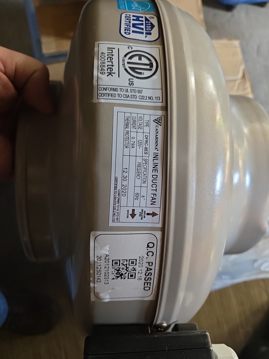 Canarm In-Line Duct Fan: 579 cfm Max., 8 in Duct, 140 W, 120V AC