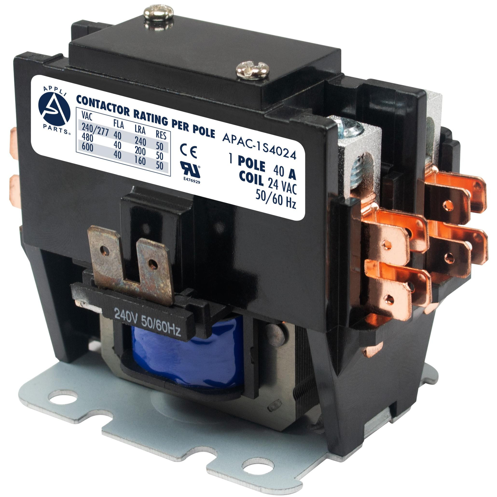 Appli Parts APAC-1S4024 Heavy Duty 1 Pole with Shunt Contactor 40 Amp 24 Volt Co