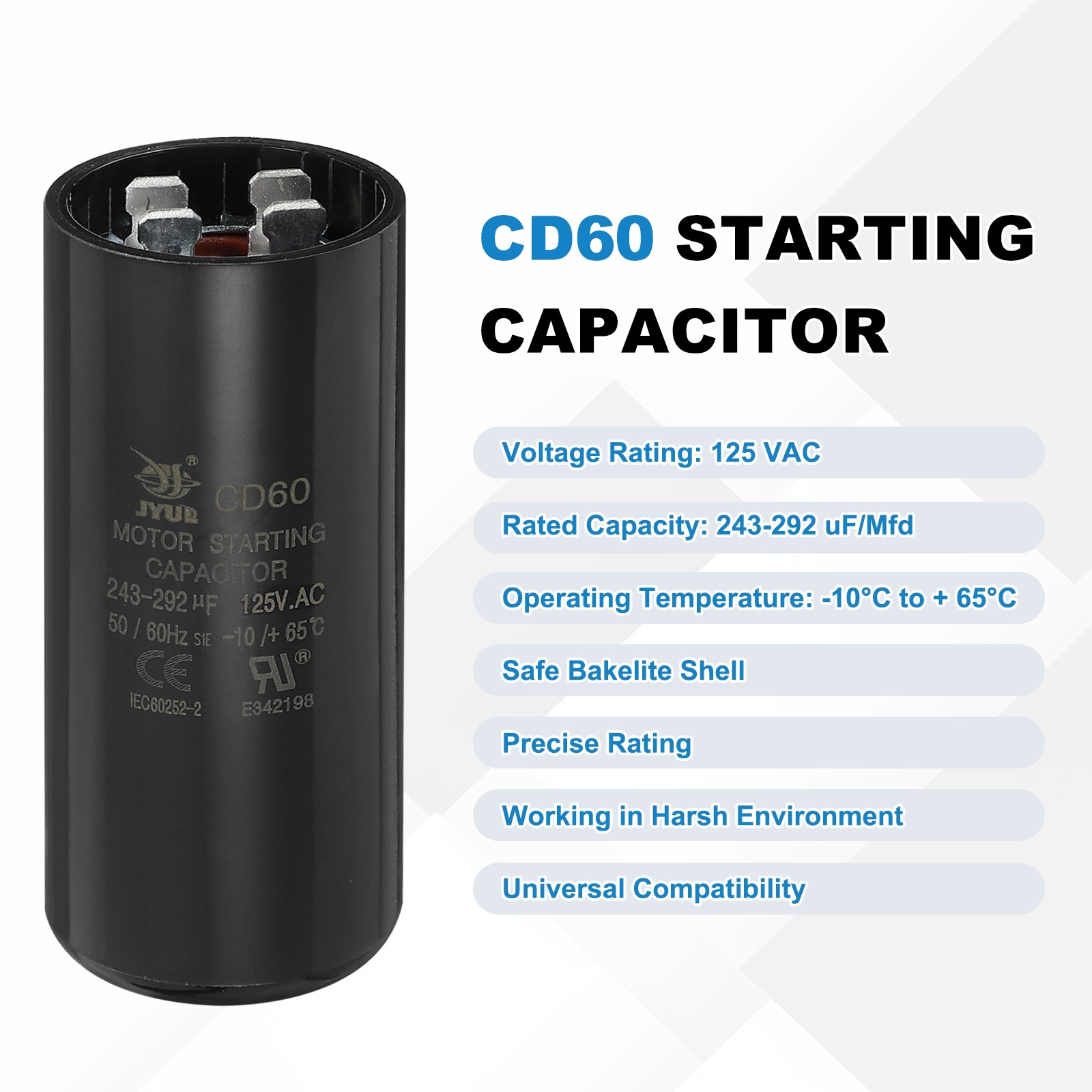 CD60 Capacitor 243-292 UF/Mfd, 125VAC Run Motor Start Capacitor, Black