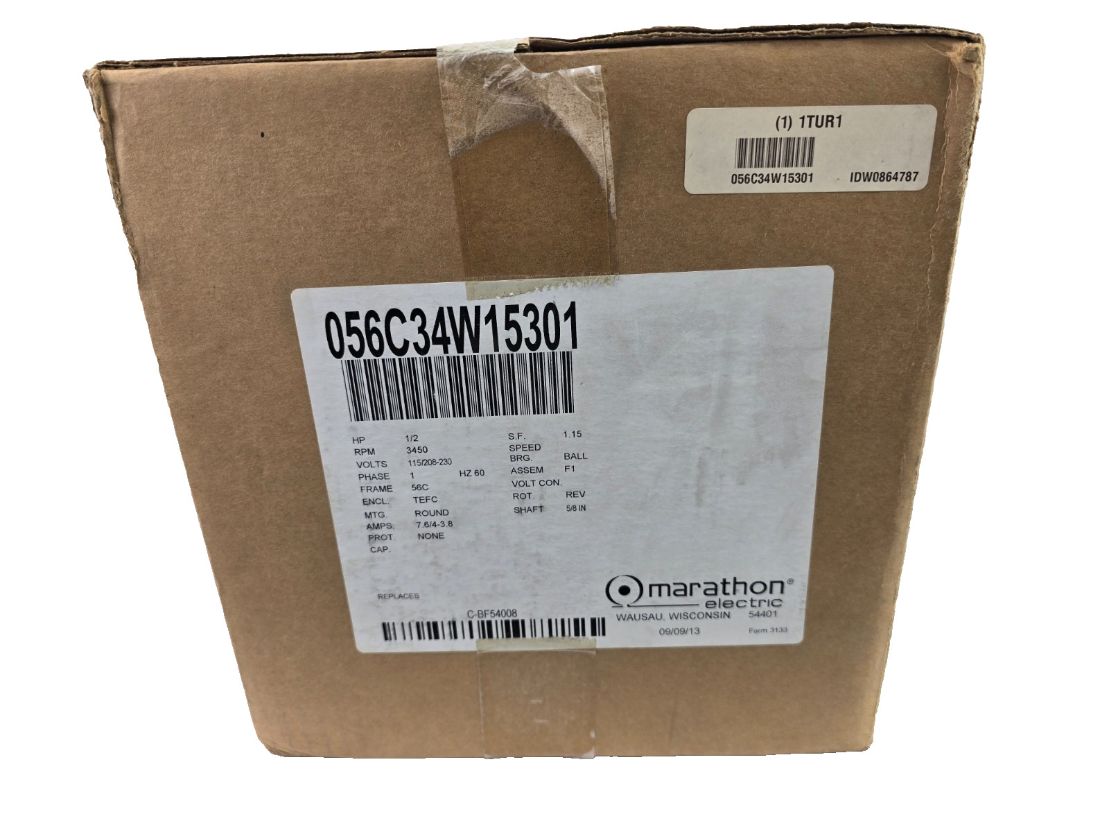 Marathon Washdown Motor Capac Start 1/2HP 3450RPM 115/208-230 56C 056C34W15301