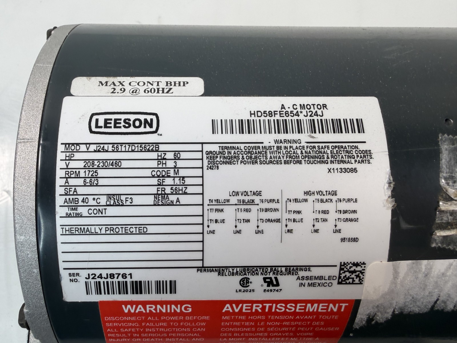 LEESON 56T17D15622B 3-Phase Blower Motor 208-230/460V Carrier HD58FE654 Marathon