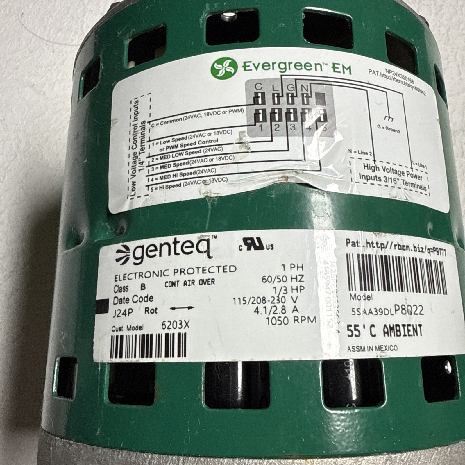 Genteq Evergreen 5SAA39DLP8022 Blower Motor 1/3hp 115/208-23V