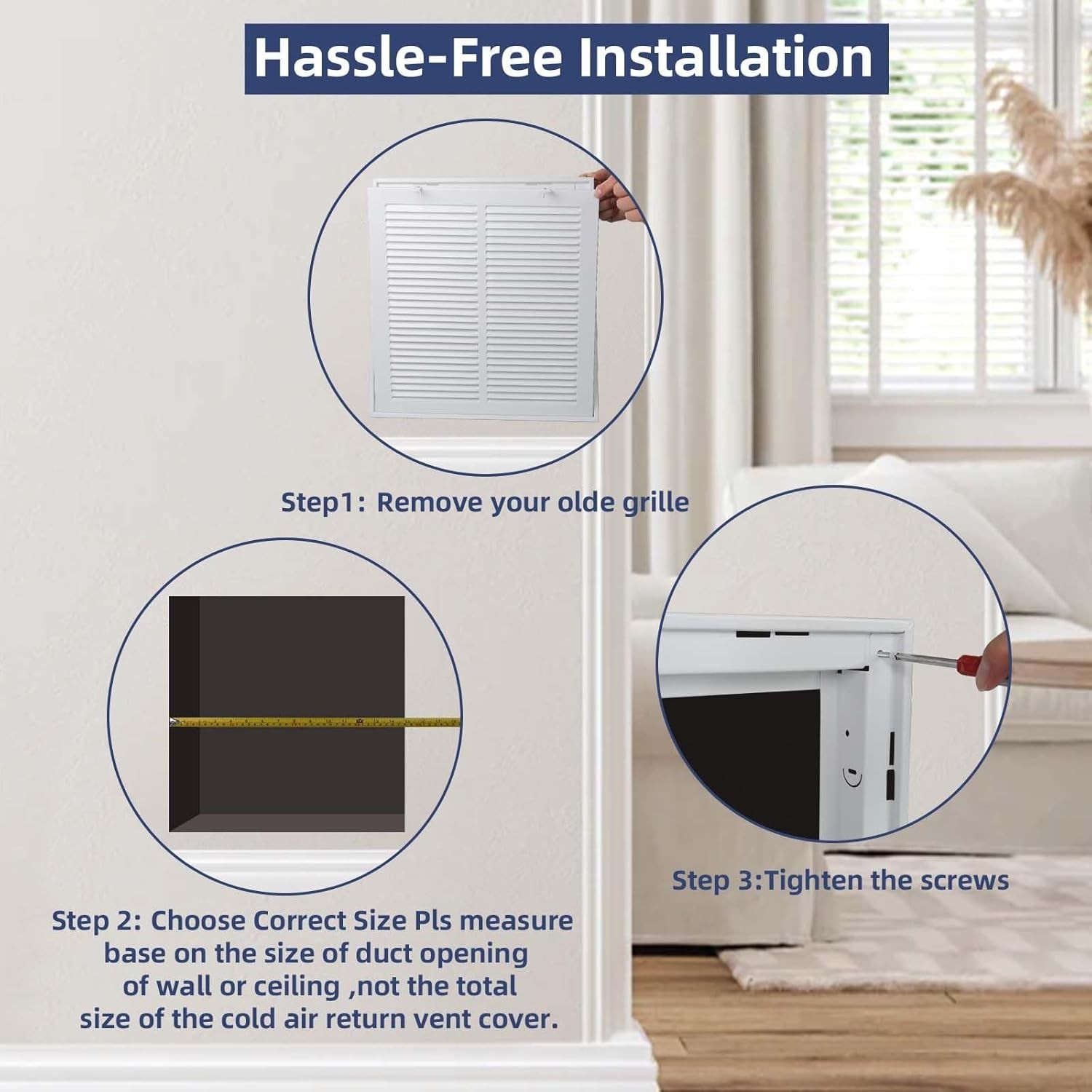 16 x 16 Inch Steel Return Air Vent Cover, Duct Opening 16 x 16”, holds 1″ filter