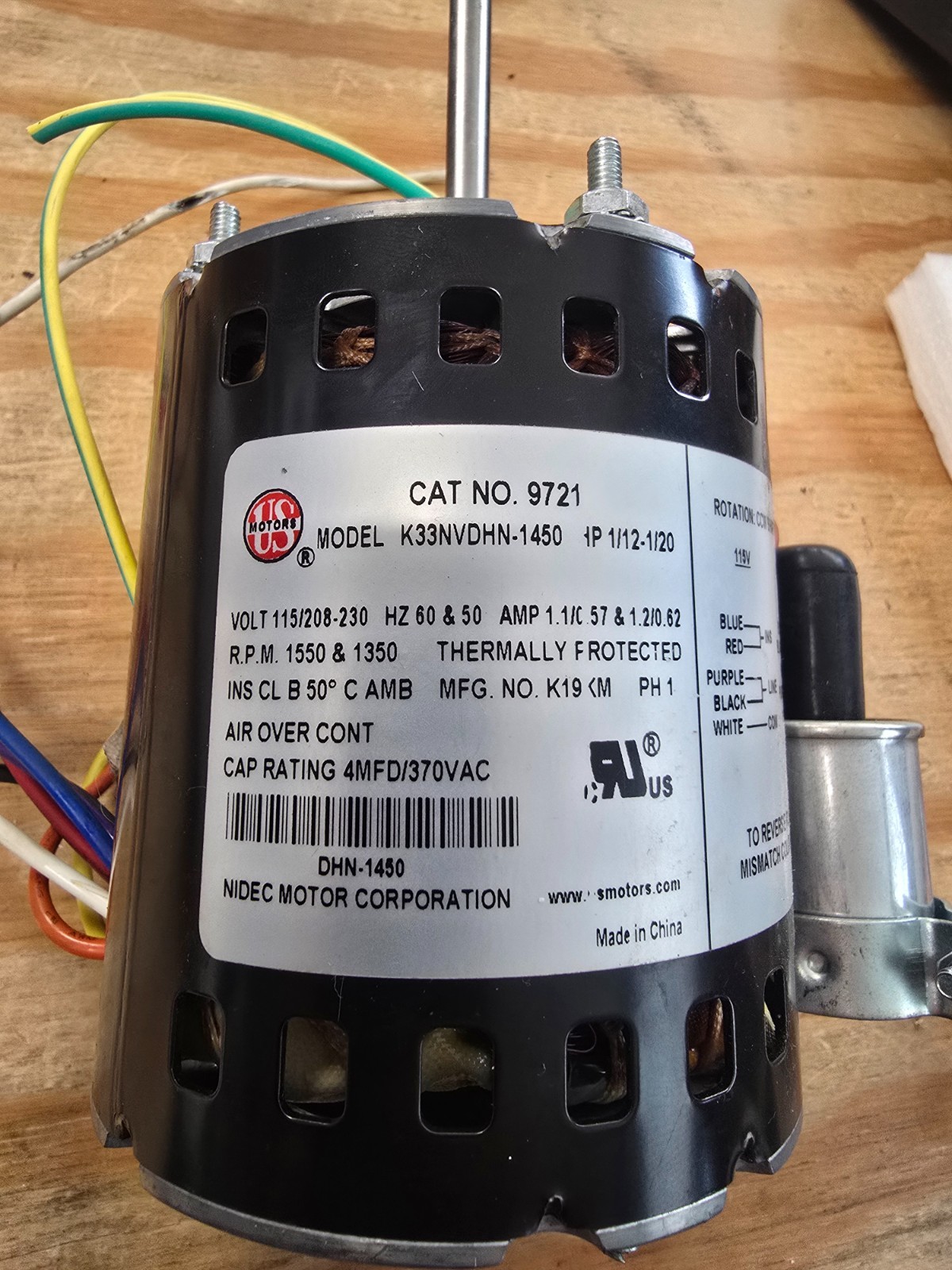 US Motors 9721 Refrigeration Fan Motor 1/12 HP 115/230V K33NVDHN-1450 Tested